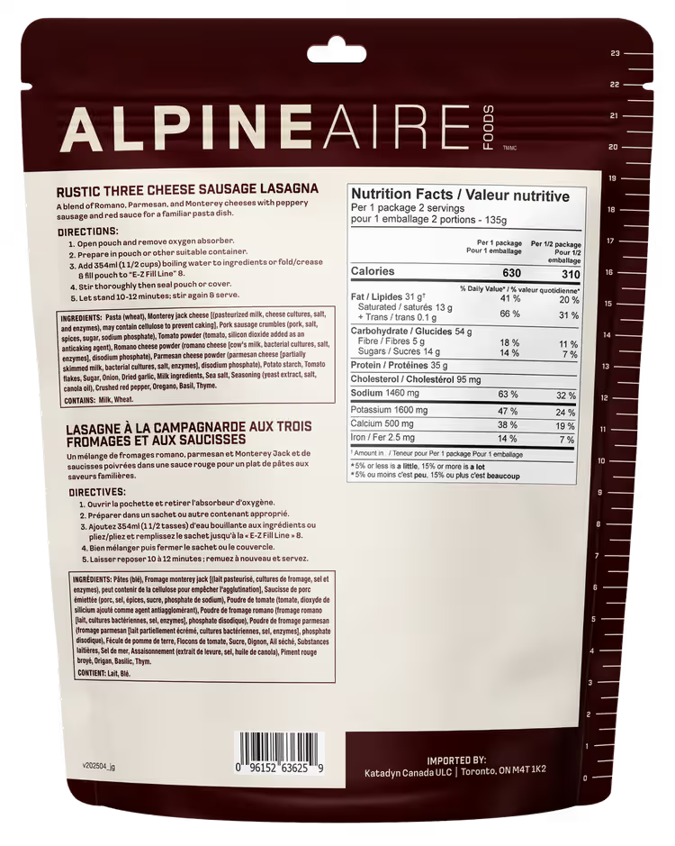 AlpineAire Rustic Three Cheese Sausage Lasagna - 2 Servings