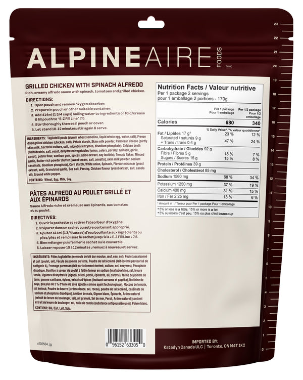 AlpineAire Grilled Chicken with Spinach Alfredo Pasta