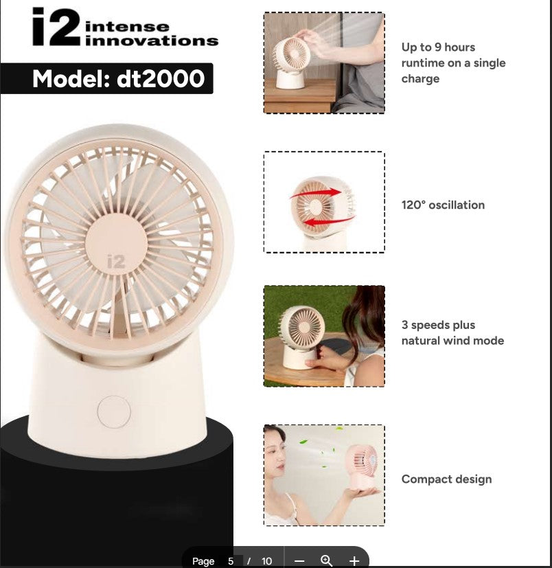 i2 Compact USB Rechargeable Desktop Fan